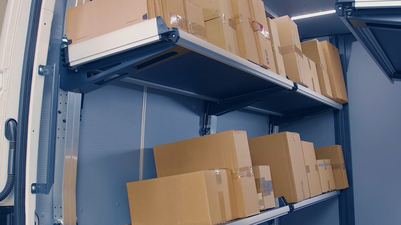 Delivery van shelf and foldable rack for vans - FlexRack | Sortimo Shop USA